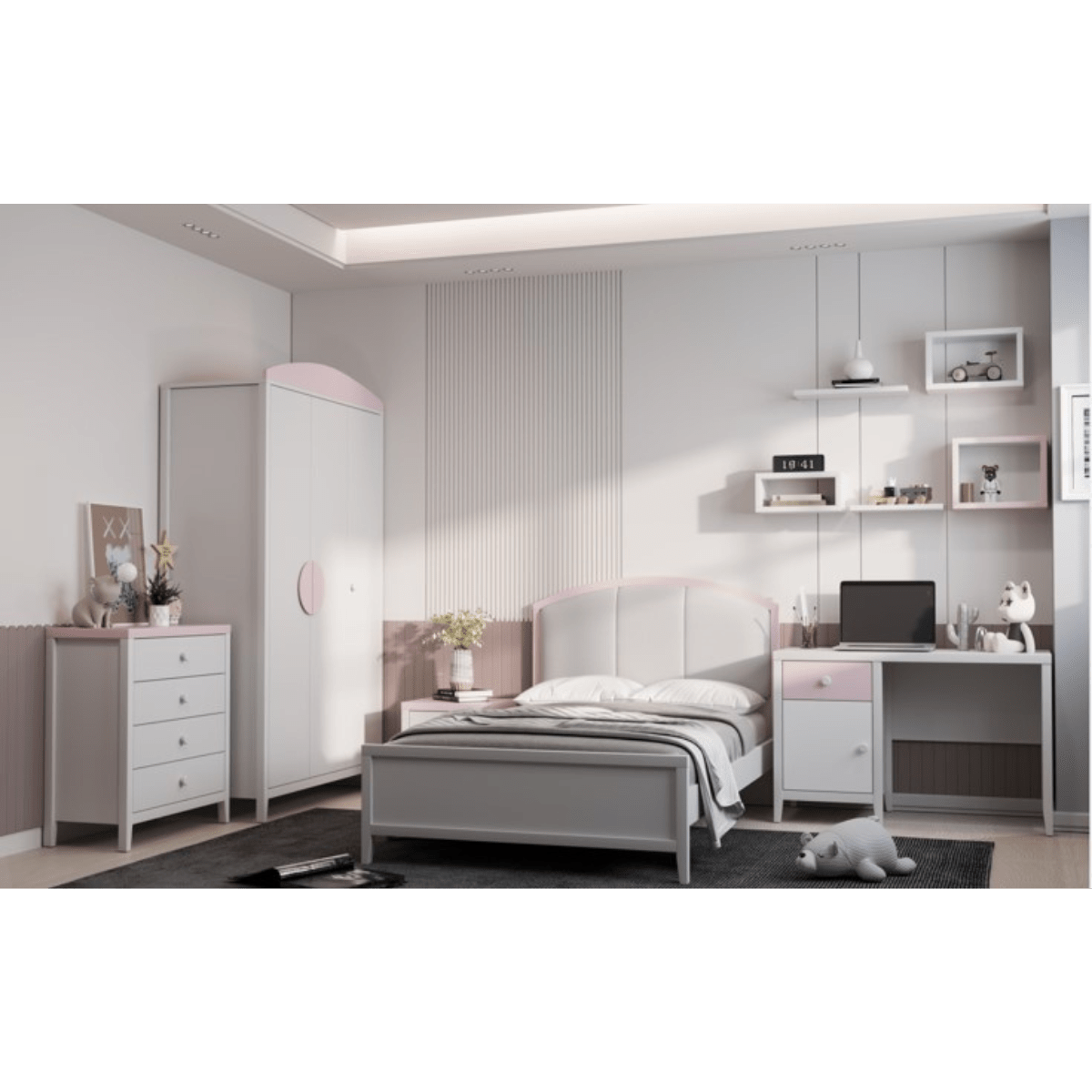 Lit pour enfant rose et blanc avec table de chevet assortie